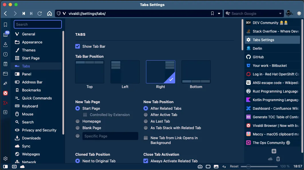 Vivaldi with tabs on the right