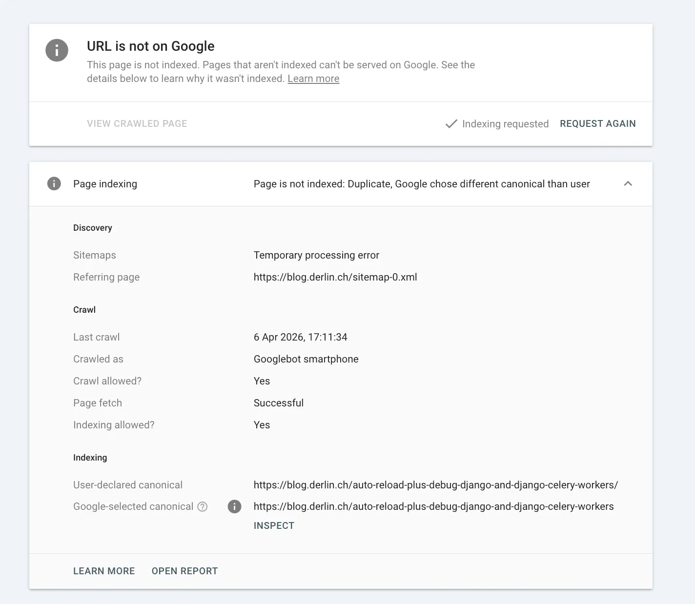 Details of a URL with indexing issues