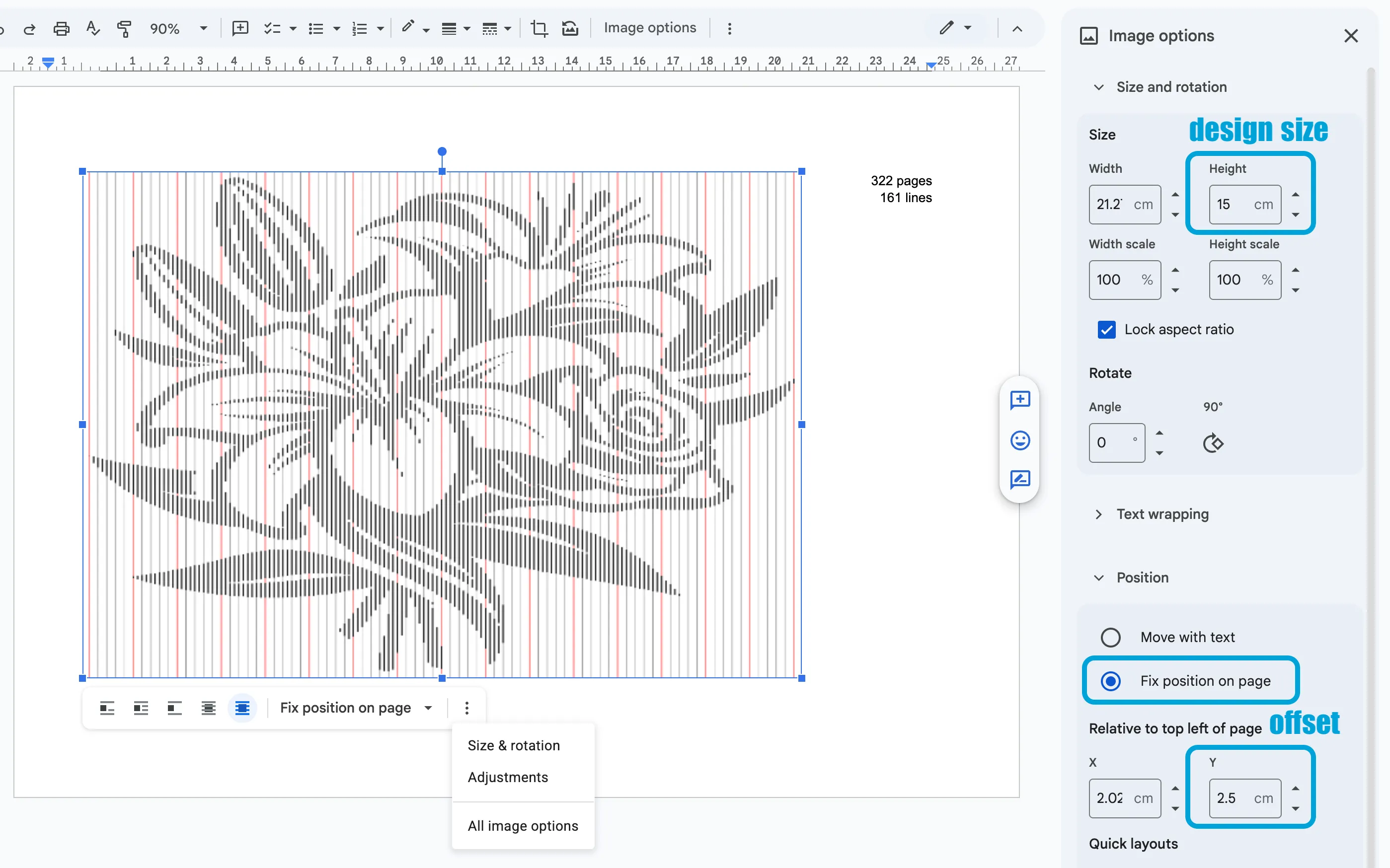 Size and offset settings in Google Docs